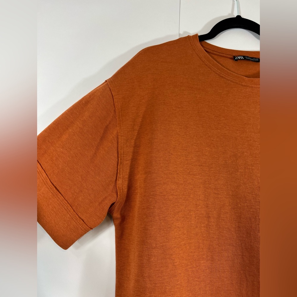 ZARA Trafauluc T-shirt Burnt Orange Cotton Blend Dress Fall Size Large - Picture 2 of 9